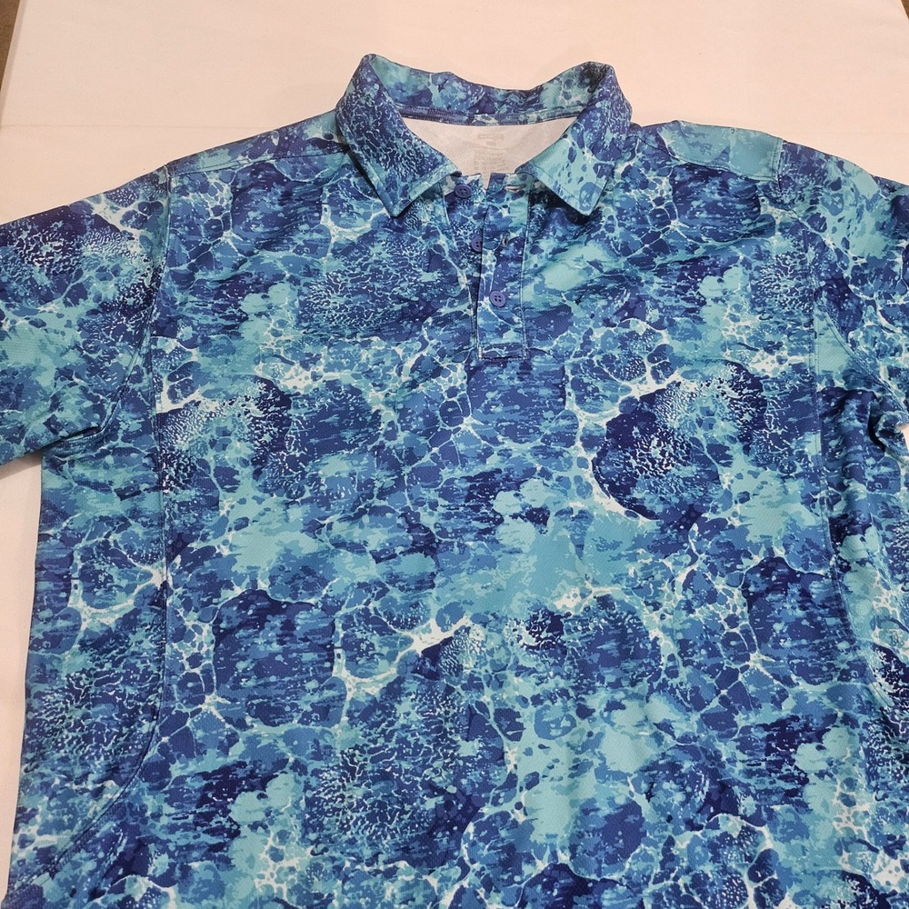 CQR Mens Performance Polo Shirt Blue Water Ripple Print Short Sleeve Large